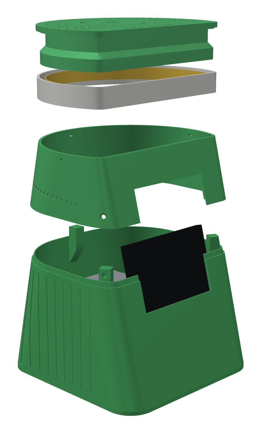 Exploded render of the kiosk's seven printed parts and electronics