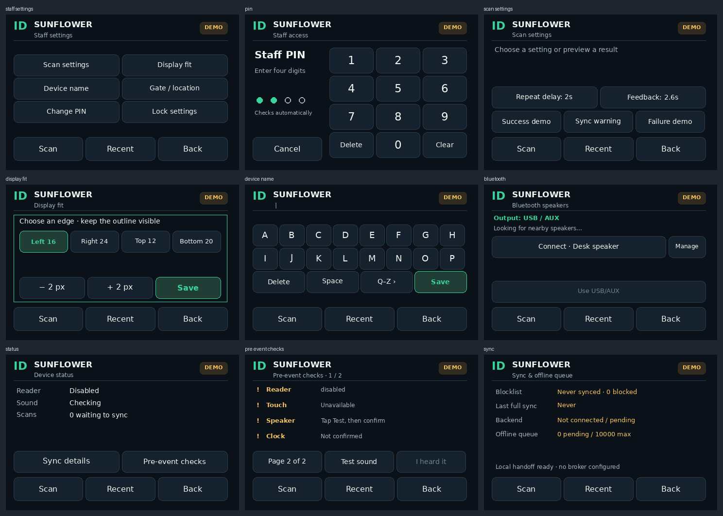 Nine kiosk screens: staff settings, PIN entry, scan settings, display fit, device name, Bluetooth speakers, device status, pre-event checks, sync and offline queue