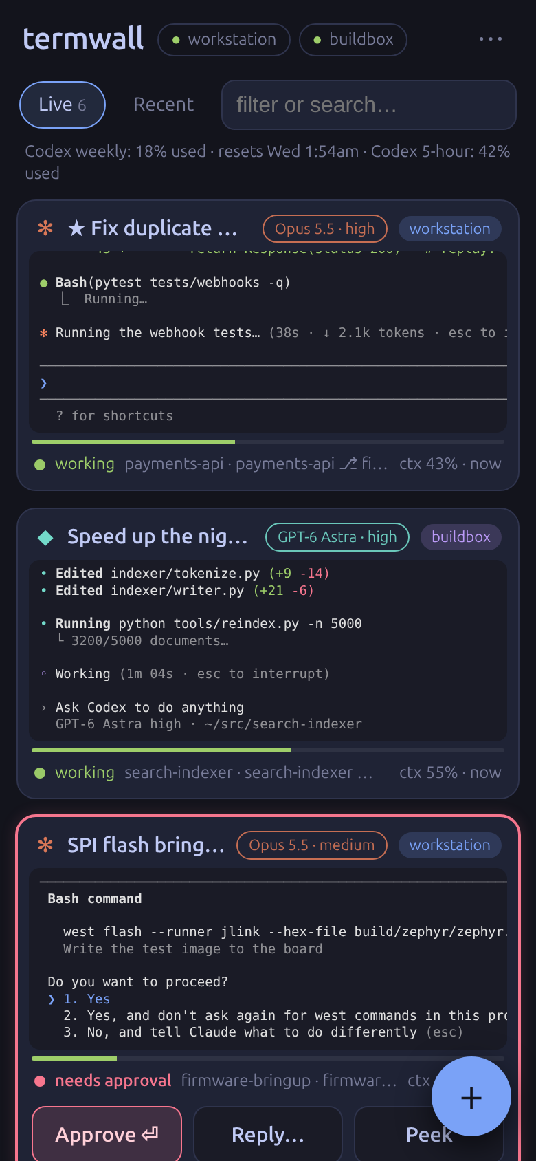 Termwall phone client showing the same sessions