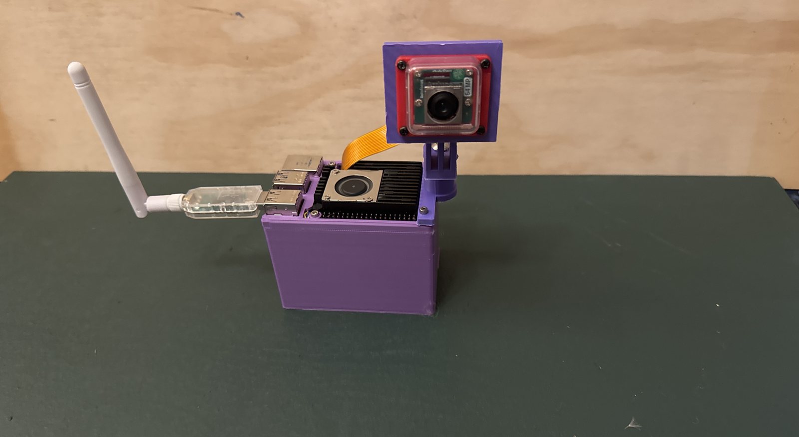 A gateway: Raspberry Pi in a printed box with an external-antenna radio dongle and a camera on a mount